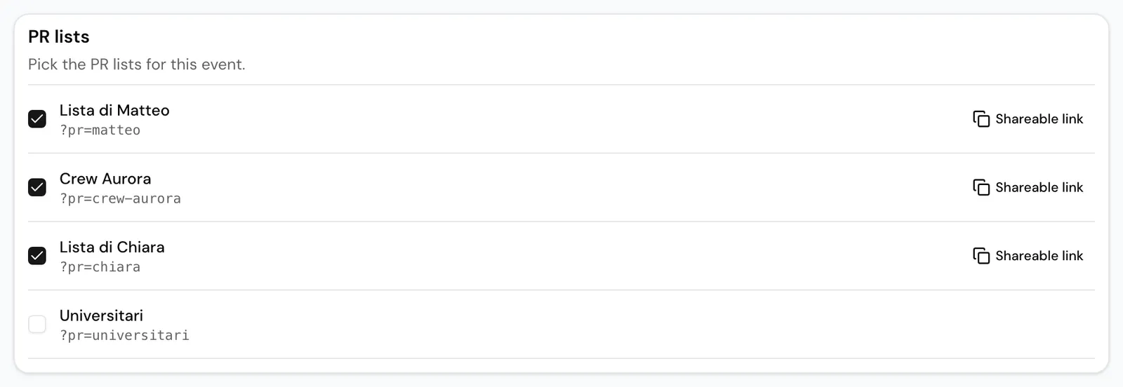 The PR lists card on an event's overview: Choose the PR lists valid for this event, three lists ticked with Shareable link next to them and Universitari not ticked.